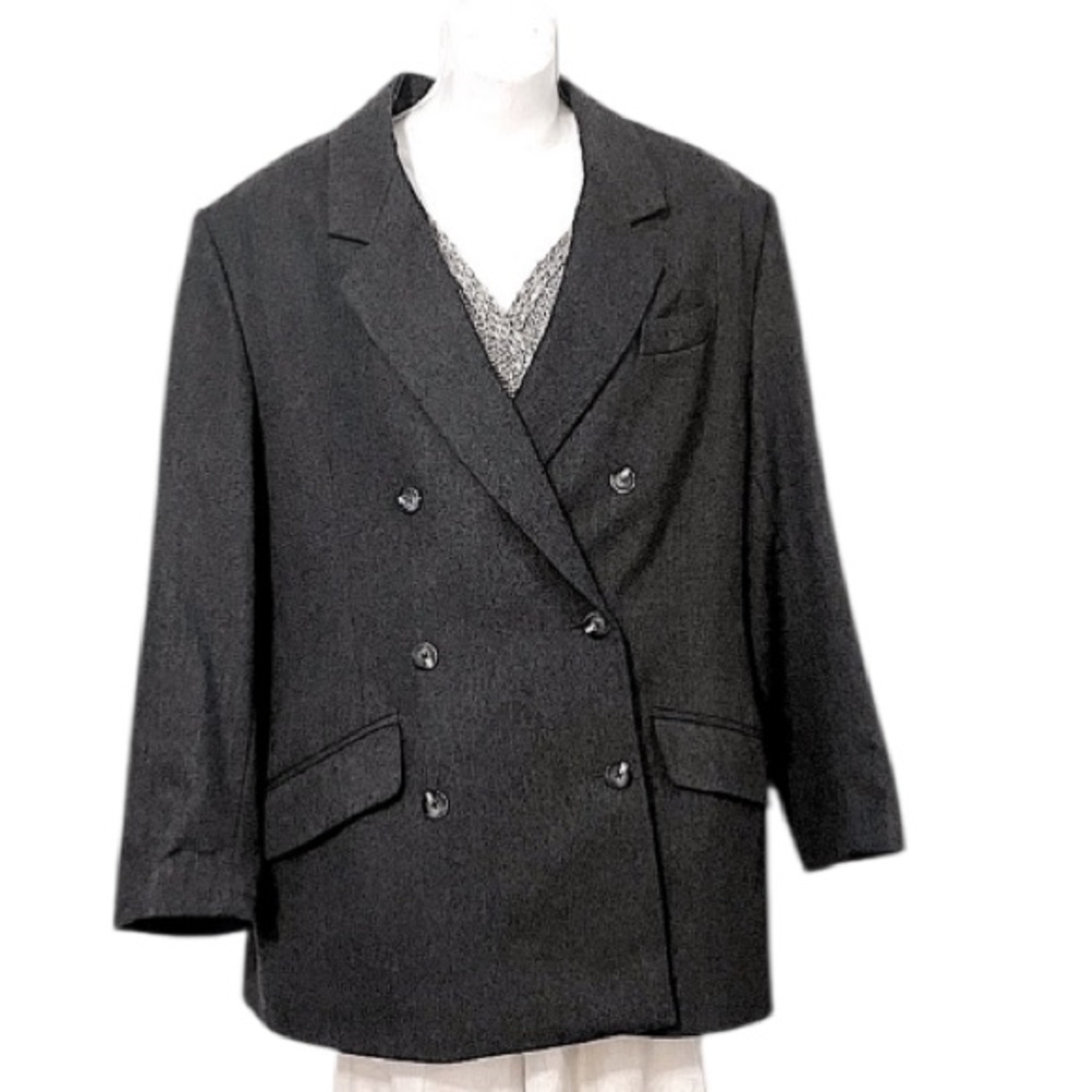 St Michael Woman’s Gray Pure Wool Double Breasted Suit Oversized Blazer Sz 18